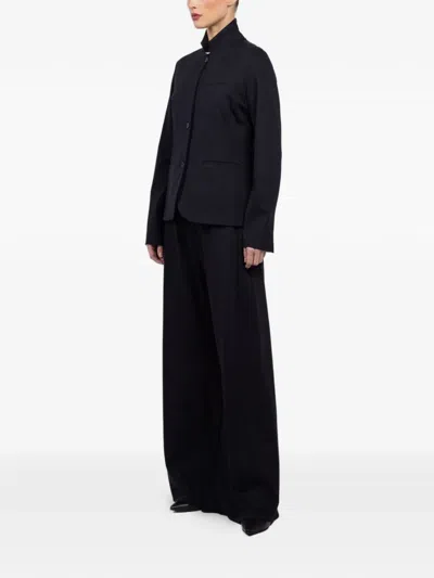 Hannes Roether Stand-up Collared Pinstripe Jacket In Black