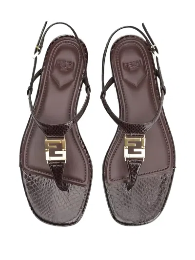 Fendi Ffoldo Python Leather Sandals With Adjustable Ankle Strap In Brown