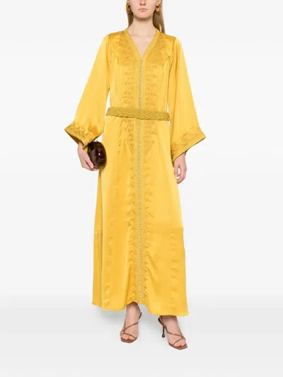 Reem Al Dhaheri Embroidered V-neck Midi Kaftan In Yellow
