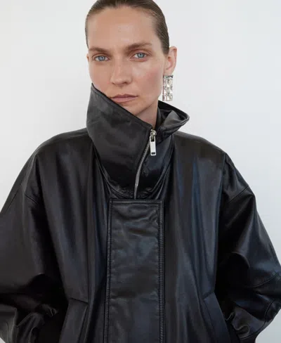 Mango Oversize Leather Bomber Jacket In Black