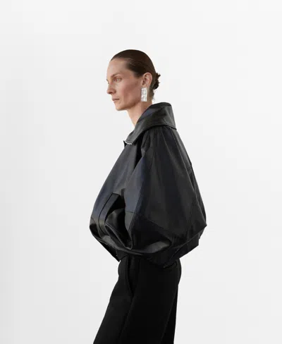 Mango Oversize Leather Bomber Jacket In Black