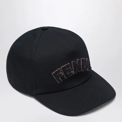 Fendi Blue Cotton Baseball Cap In Black