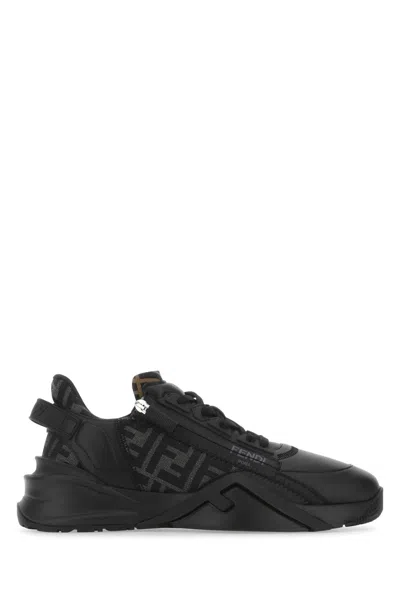 Fendi Men Leather Flow Sneakers With Ff Jacquard Fabric Inserts In Black