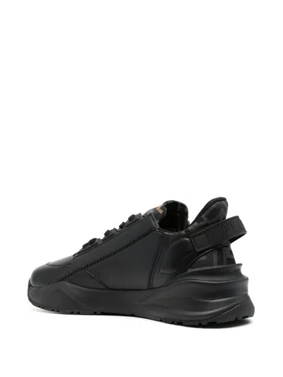Fendi Men Leather Flow Sneakers With Ff Jacquard Fabric Inserts In Black