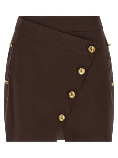 Elisabetta Franchi Asymmetrical Jewel-button Mini Skirt In Brown