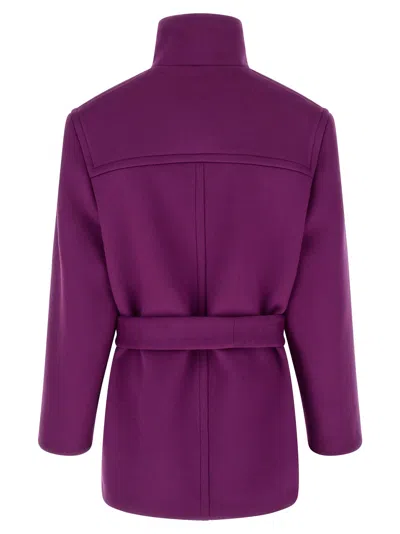 Saint Laurent Wool Coat With Belted Waist And High Collar In Purple