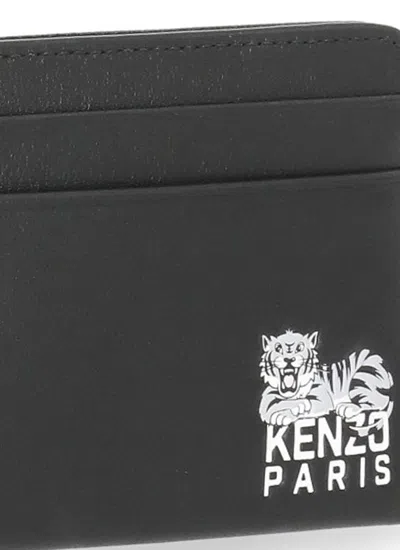 Kenzo Tiger-logo Leather Cardholder In Black