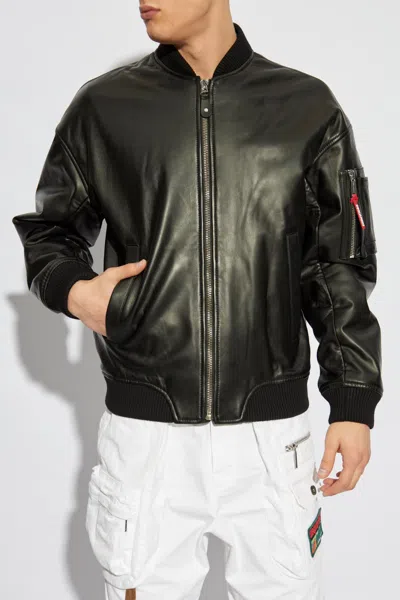 Dsquared2 Leather Jacket With Logoed Slider In Black