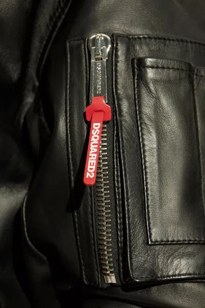 Dsquared2 Leather Jacket With Logoed Slider In Black