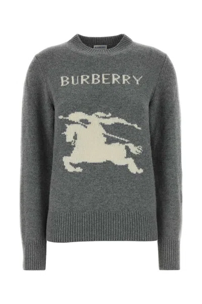 Burberry Graphic Knit Sweater With Ribbed Cuffs And Hem In Gray