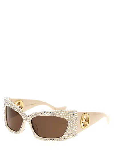 Gucci Geometric Crystal Sunglasses In Neutral
