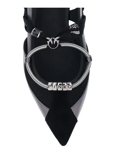 Pinko Gianira Black Ballerinas With Pointed Toe And Decorative Ankle Band In Leather And Fabric Blend Woma In Black