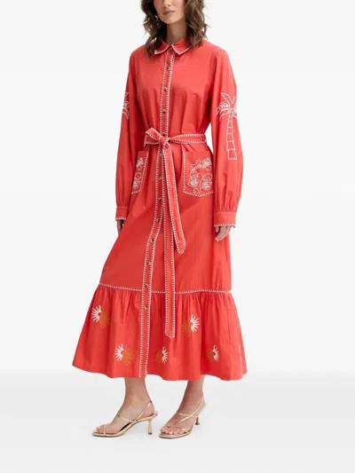 Never Fully Dressed Embroidered Belted Midi Dress In Red