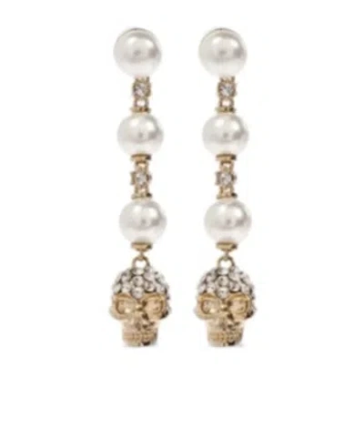 Alexander Mcqueen Skull And Pearl Earrings In Pale Gold Accessories In Multi