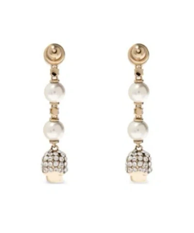 Alexander Mcqueen Skull And Pearl Earrings In Pale Gold Accessories In Multi
