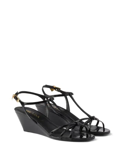 Prada Leather Sandals Wedge Heel Open Toe In Black