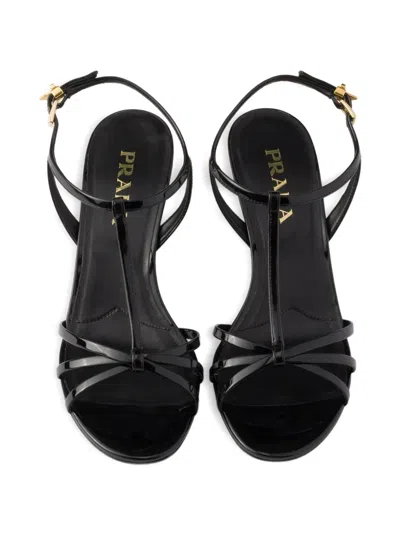 Prada Leather Sandals Wedge Heel Open Toe In Black