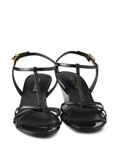 Prada Leather Sandals Wedge Heel Open Toe In Black