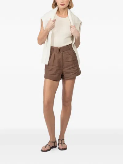 Hevron Belted Pleated Shorts In Brown