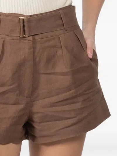 Hevron Belted Pleated Shorts In Brown