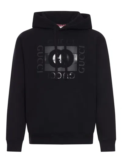 Gucci Men Black Sweatshirt With Hood With Drawstring And Front Logo In Cotton Man In Black
