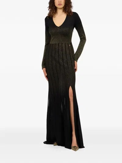 Roberto Cavalli Long Dress In Black And Gold With Pleated Skirt In Brown