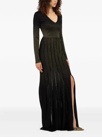 Roberto Cavalli Long Dress In Black And Gold With Pleated Skirt In Brown