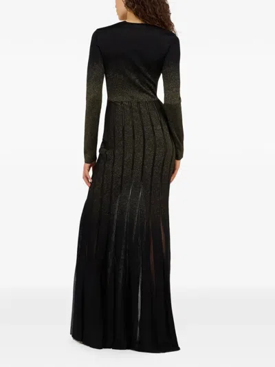 Roberto Cavalli Long Dress In Black And Gold With Pleated Skirt In Brown