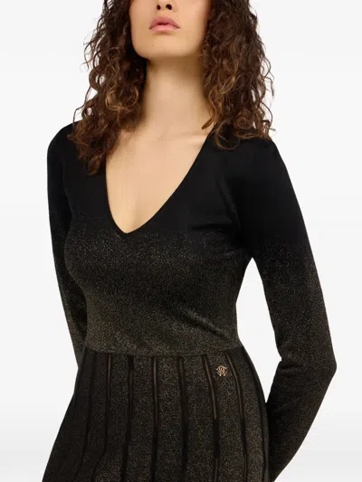 Roberto Cavalli Long Dress In Black And Gold With Pleated Skirt In Brown