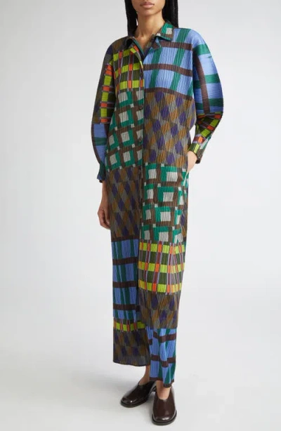 Issey Miyake Pleats Please  Harmony Pleated Three Quarter Sleeve Midi Dress In Blue