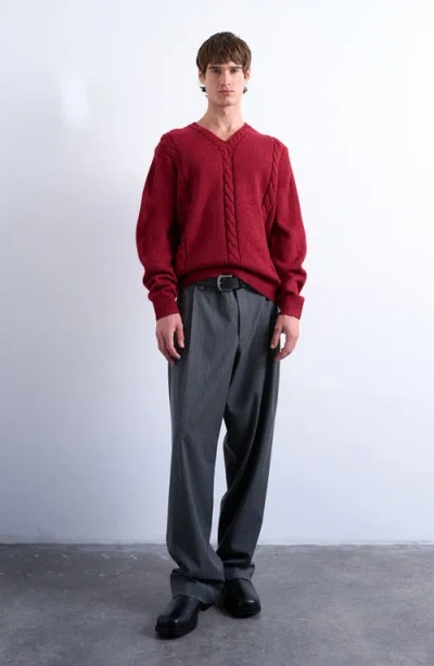 Topman Relaxed Fit V Neck Cable Sweater In Red
