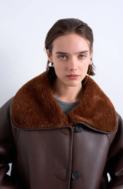 Topshop Shearling Oversized Reversible Coat With Button Loop In Brown