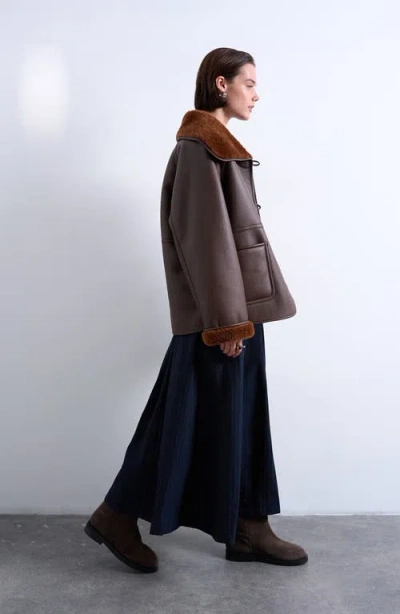 Topshop Shearling Oversized Reversible Coat With Button Loop In Brown