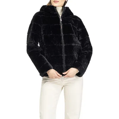 Gorski Horizontal Curly Shearling Lamb Zip Hooded Jacket In Black