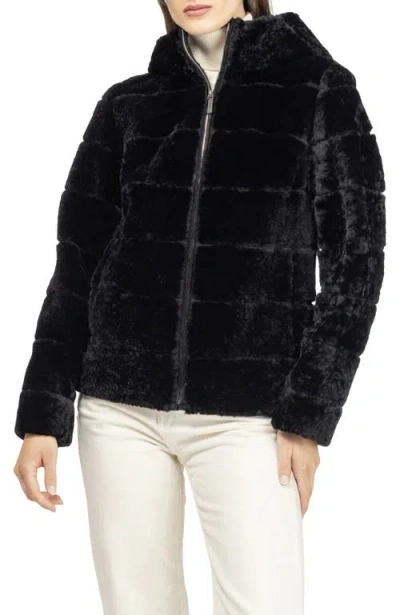 Gorski Horizontal Curly Shearling Lamb Zip Hooded Jacket In Black