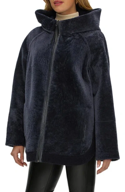 Gorski Reversible Textured Genuine Shearling Zip Parka With Ribbed Hem In Blue