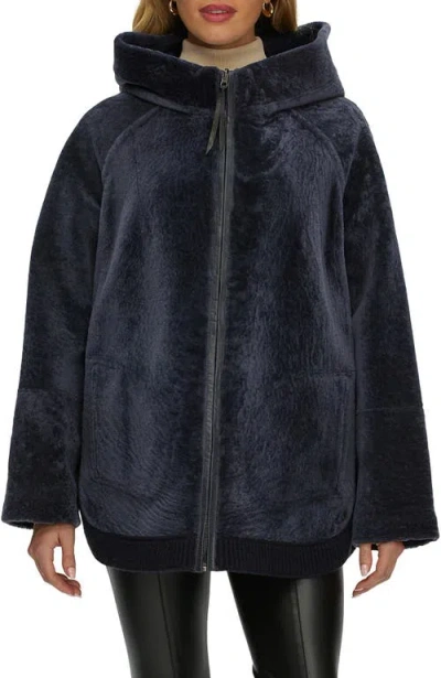 Gorski Reversible Textured Genuine Shearling Zip Parka With Ribbed Hem In Blue