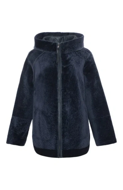 Gorski Reversible Textured Genuine Shearling Zip Parka With Ribbed Hem In Blue