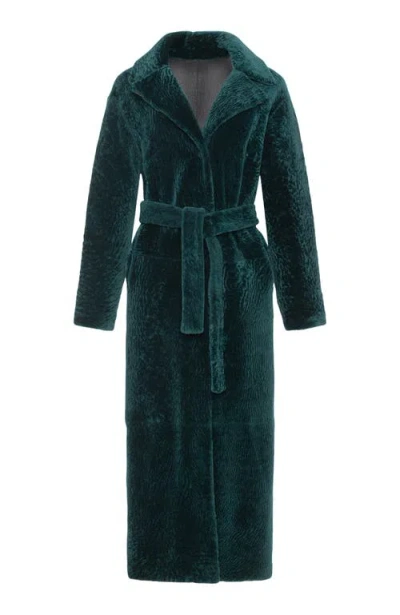 Gorski Reversible Textured Genuine Shearling Coat With Side Slits, Belt In Green