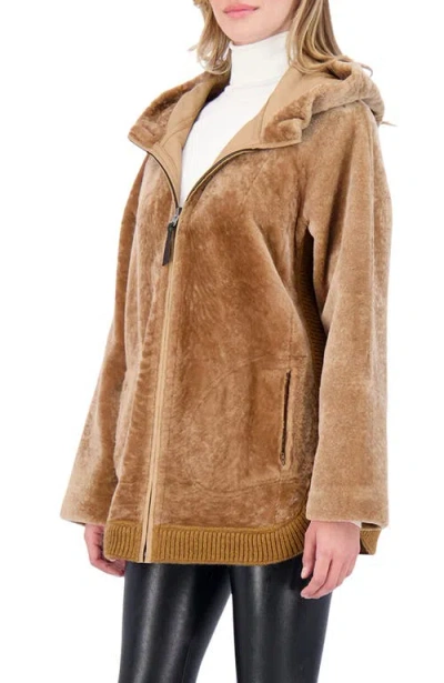 Gorski Reversible Textured Genuine Shearling Zip Parka With Ribbed Hem In Brown