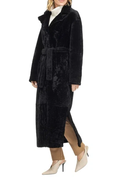 Gorski Reversible Textured Genuine Shearling Coat With Side Slits, Belt In Black