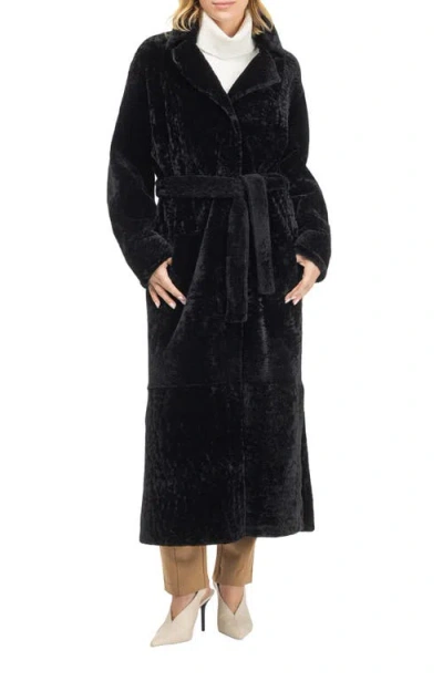 Gorski Reversible Textured Genuine Shearling Coat With Side Slits, Belt In Black
