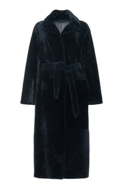 Gorski Reversible Textured Genuine Shearling Coat With Side Slits, Belt In Black