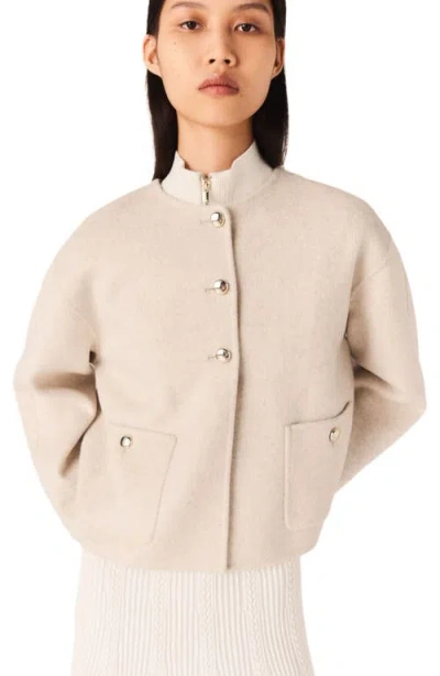 Maje Cropped Wool Coat With Removable Scarf In Neutral
