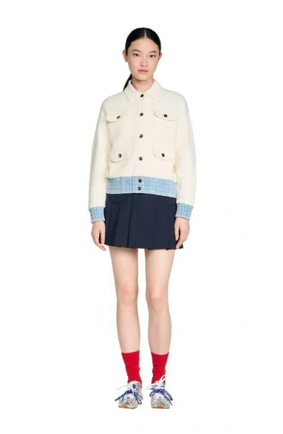 Sandro Womens Ecru Denim-hem Button-down Knitted Cardigan In White