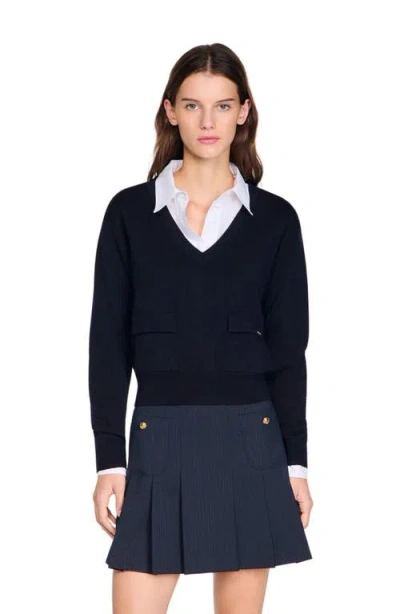Sandro V-neck Wool Sweater In Blue