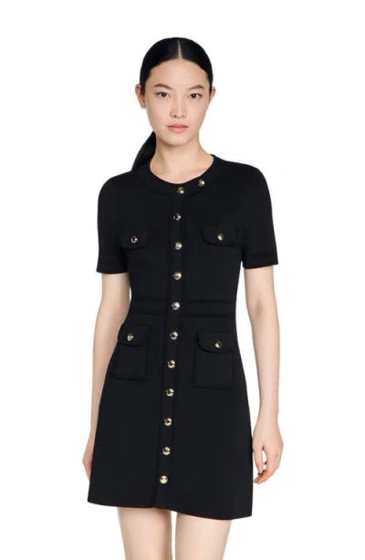 Sandro Womens Black Short-sleeved Button-up Knitted Mini Dress