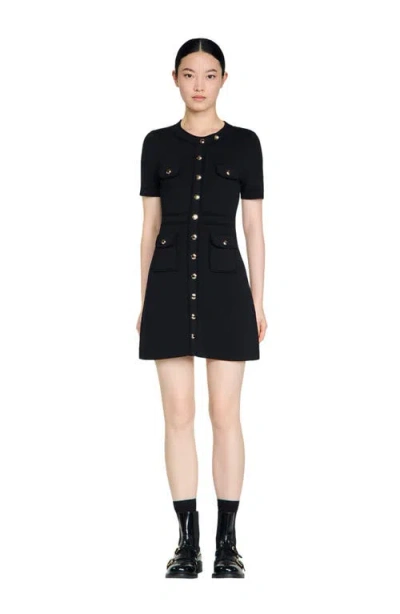 Sandro Womens Black Short-sleeved Button-up Knitted Mini Dress