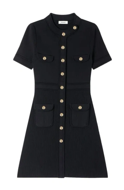 Sandro Womens Black Short-sleeved Button-up Knitted Mini Dress