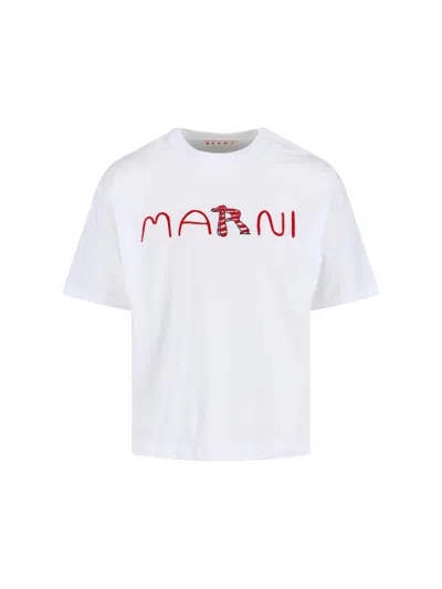 Marni Cotton T-shirt With Flocked Animal Alphabet Logo In White